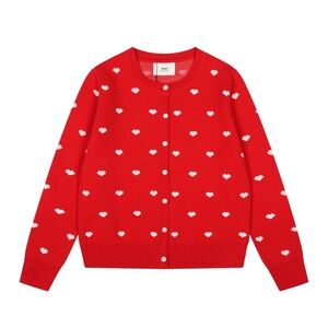 Ami Red Cardigan with White Heart Pattern